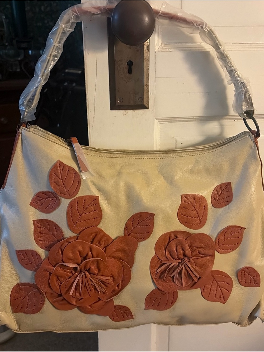 Bloomingdale's Cream Floral Appliqué Shoulder Bag with Rust Accents